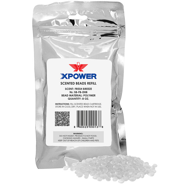 A close-up of a bag of XPOWER Fresh Breeze scented beads with a label.