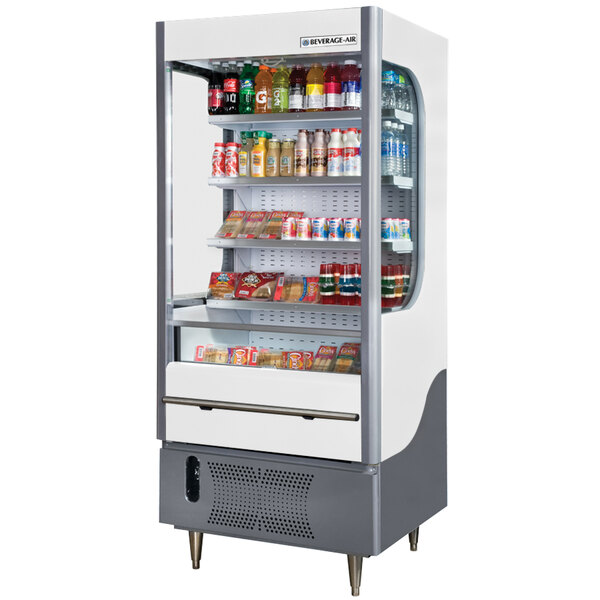 A white Beverage-Air air curtain merchandiser filled with drinks.
