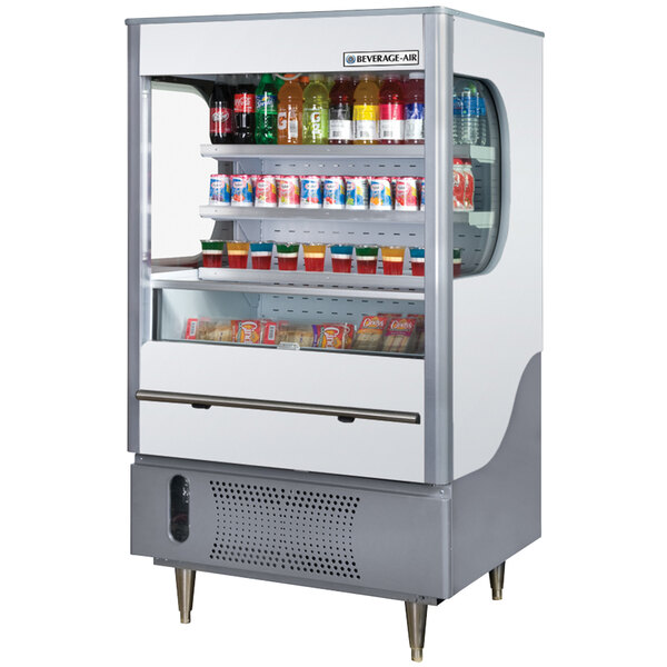 A white Beverage-Air air curtain merchandiser with drinks inside.