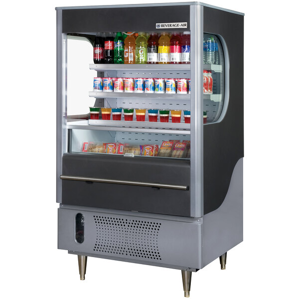 A Beverage-Air VueMax black air curtain merchandiser with drinks and beverages on display.