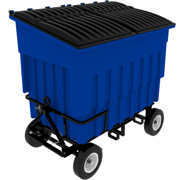 A blue Toter industrial trash container with wheels and an attached lid.