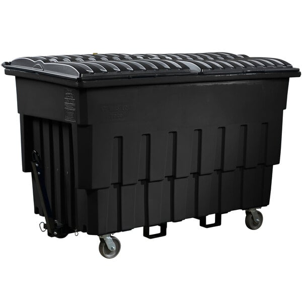 A black Toter industrial dumpster on wheels with an attached lid.