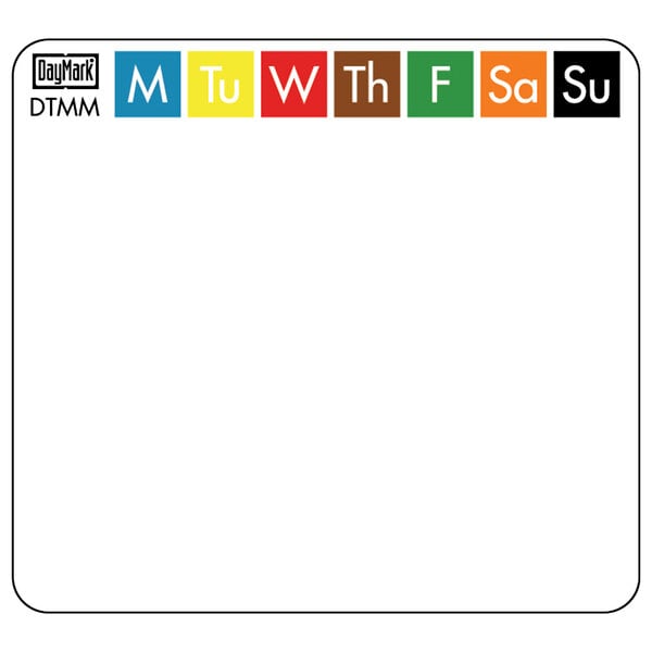 A white rectangular DayMark MoveMark label with colorful letters and numbers.
