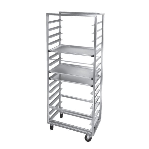 A Channel aluminum bun pan rack with wheels and four shelves.