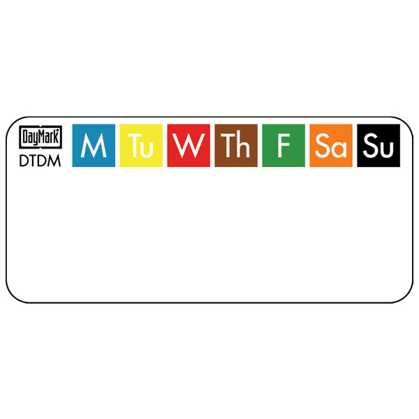 A rectangular white DayMark label with the day of the week in white letters with colorful squares.