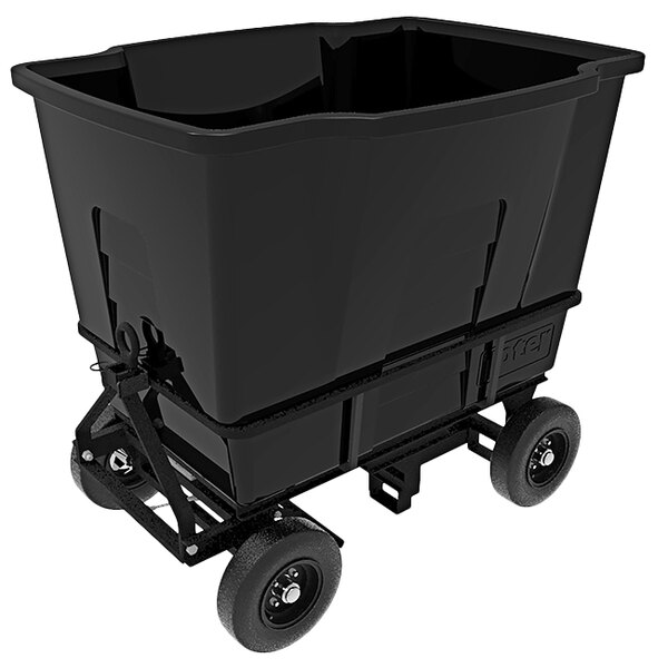 A black plastic container on wheels.