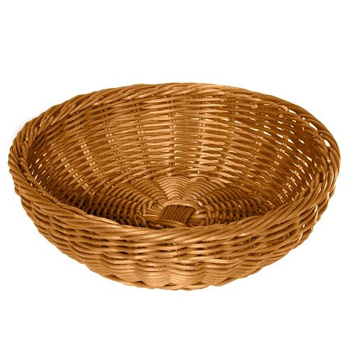 A honey round plastic basket with a white background.