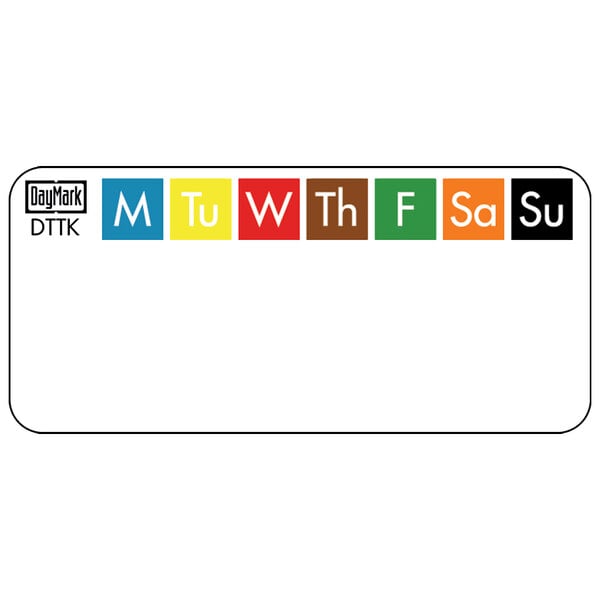 A rectangular white DayMark food label with colorful squares and white letters.