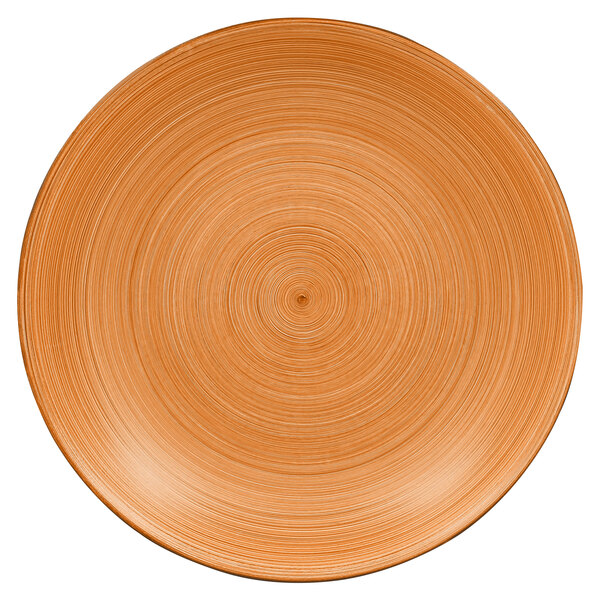 A close up of a RAK Porcelain Trinidad deep coupe plate with a cedar and black spiral design.