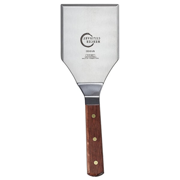 A Mercer Culinary Praxis heavy-duty stainless steel turner with a rosewood handle.