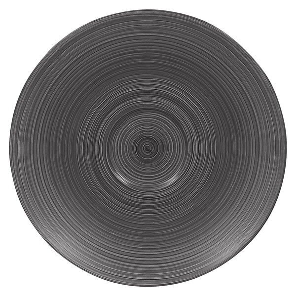 A black circular RAK Porcelain saucer with a spiral pattern in gray.