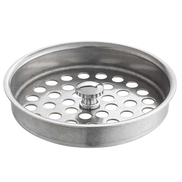 A stainless steel 3 1/2" waste valve basket strainer with holes.