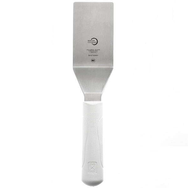 A white Mercer Culinary square edge turner with a white handle.