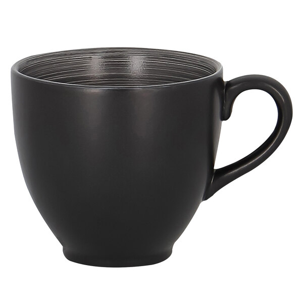 A grey and black porcelain cup with a handle.