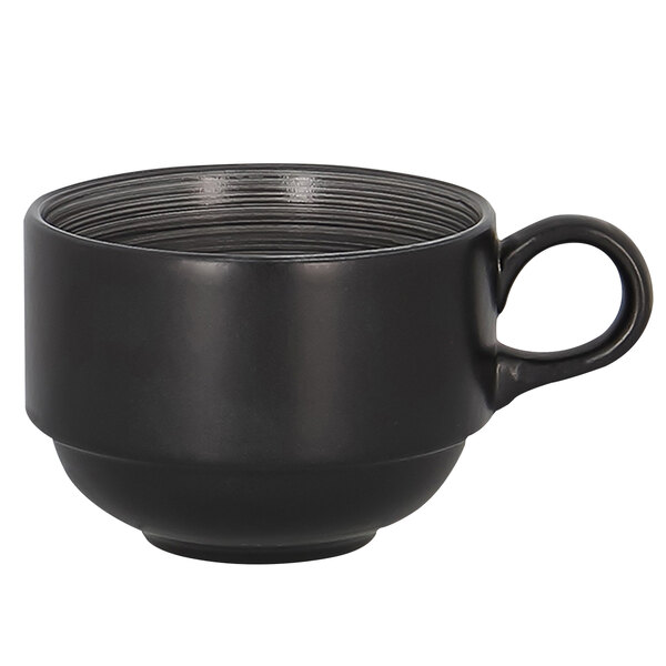 A grey and black RAK Porcelain stackable coffee cup with a handle.
