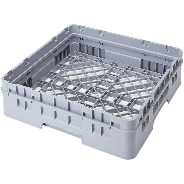A grey plastic Cambro dish rack with a white base and black plastic inside.