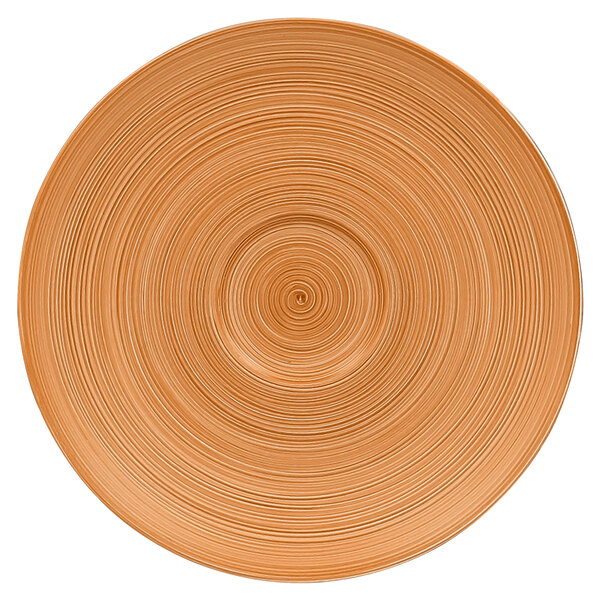 A circular cedar and black porcelain saucer with a spiral design.