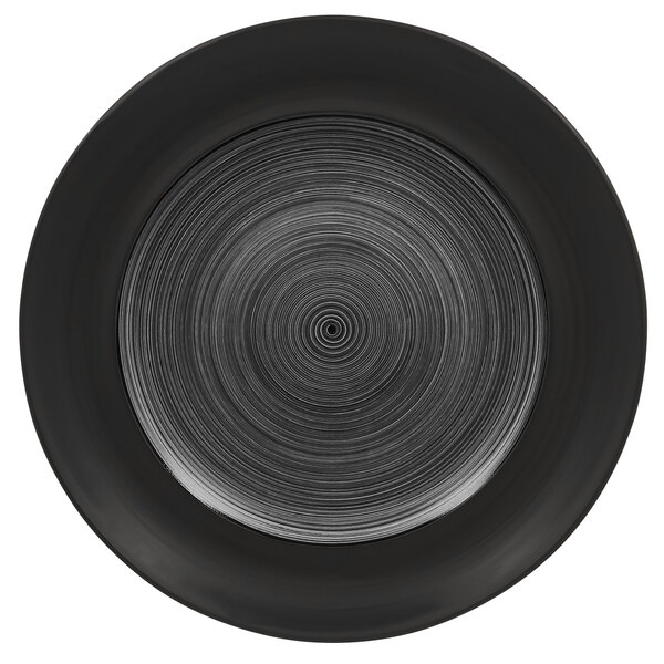 A black RAK Porcelain Trinidad wide rim porcelain plate with a circular pattern in the middle.
