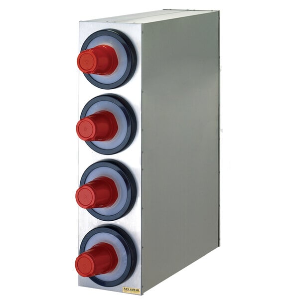 A San Jamar stainless steel countertop cup dispenser cabinet with red and white buttons.