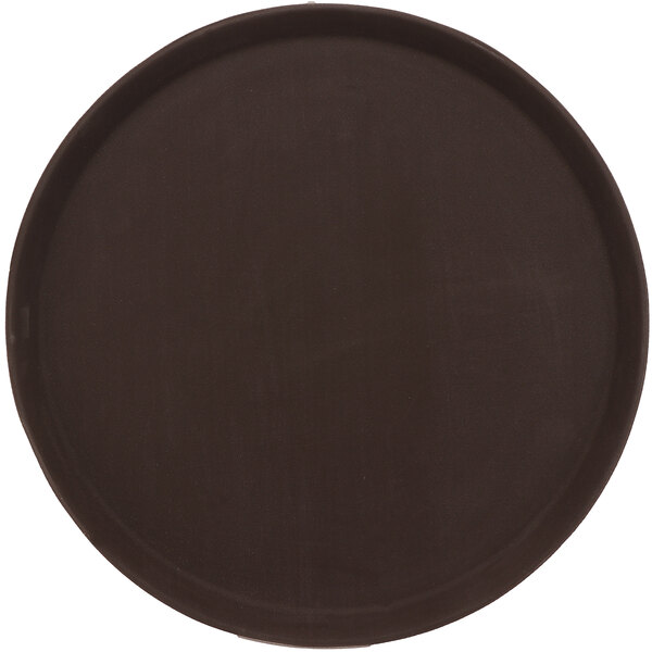 A round brown non-skid serving tray with a black surface and a brown rim.