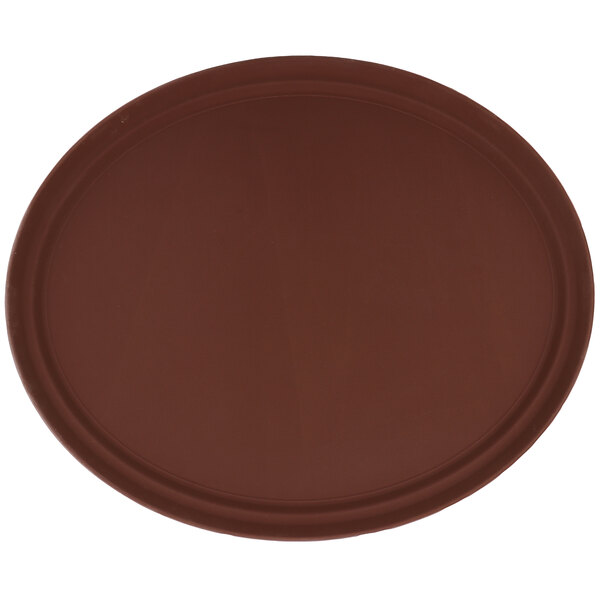 A brown oval fiberglass non-skid serving tray.