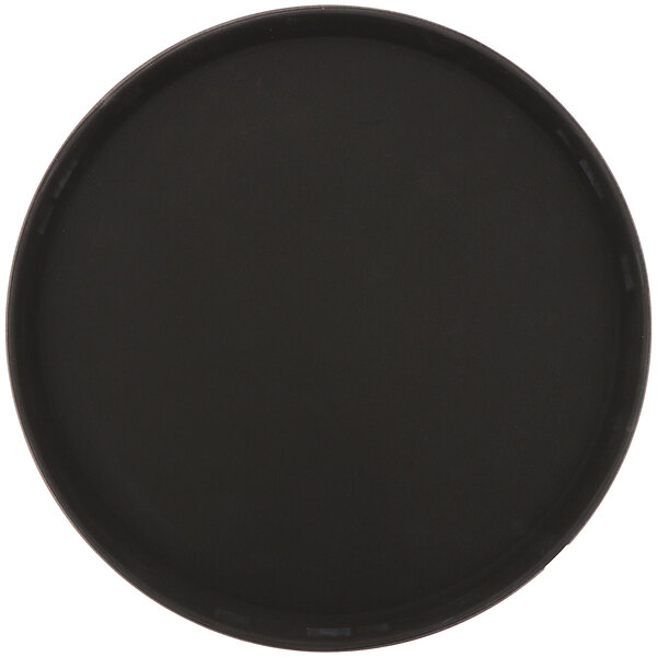 A black round polypropylene non-skid serving tray.