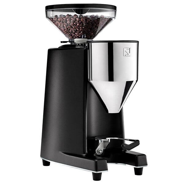 A black and silver Nuova Simonelli G60 espresso grinder. Beans sit in the top.