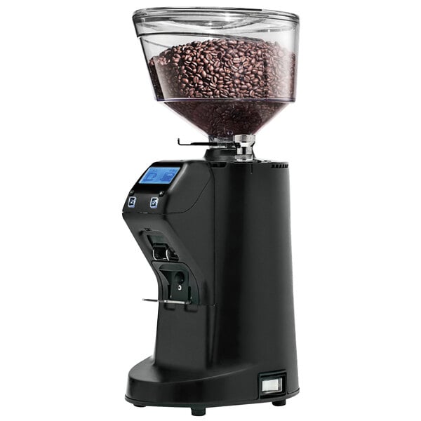 A black Nuova Simonelli espresso grinder with a clear container filled with coffee beans.