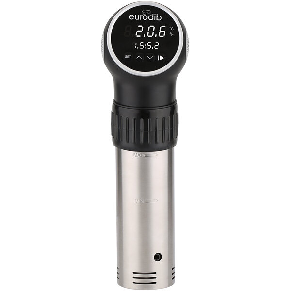 A close up of a Eurodib silver and black sous vide immersion circulator head with a digital thermometer.
