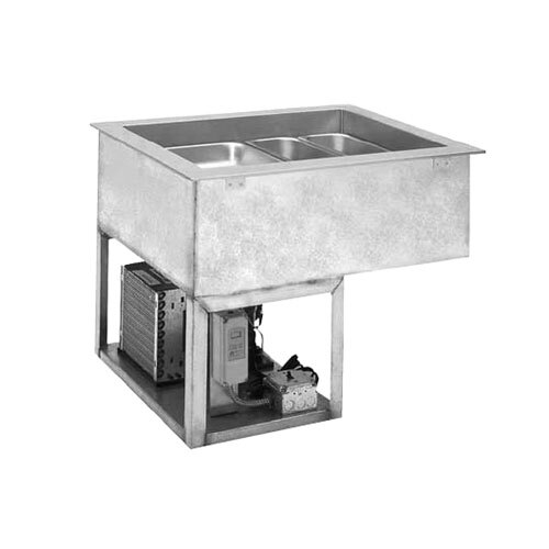A Wells stainless steel countertop with a two piece perforated strainer plate over three pans.