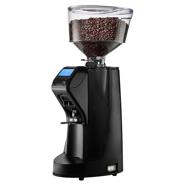 A black Nuova Simonelli MDJ on-demand espresso grinder with a glass container filled with coffee beans.
