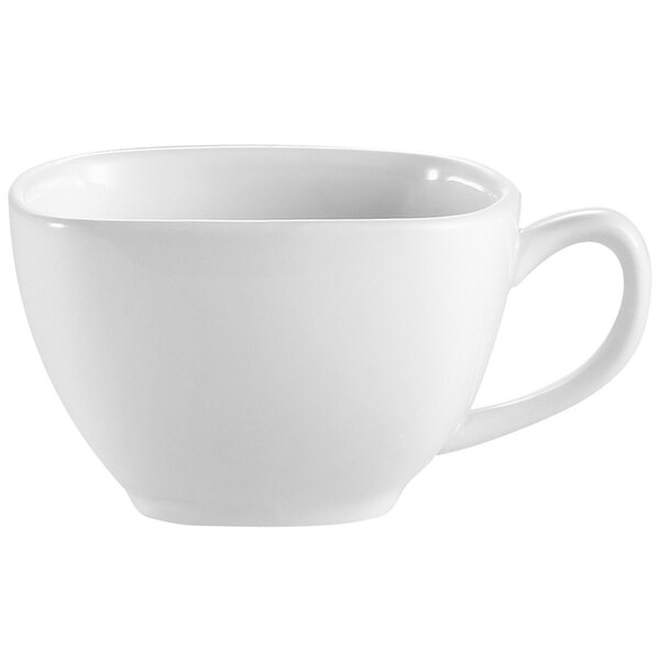 A close-up of a Bright White Porcelain coffee cup with a handle.