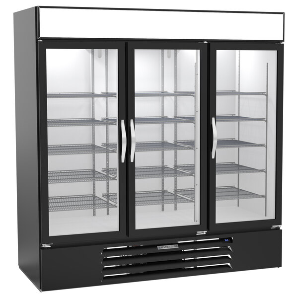 A Beverage-Air black glass door wine refrigerator with three shelves.