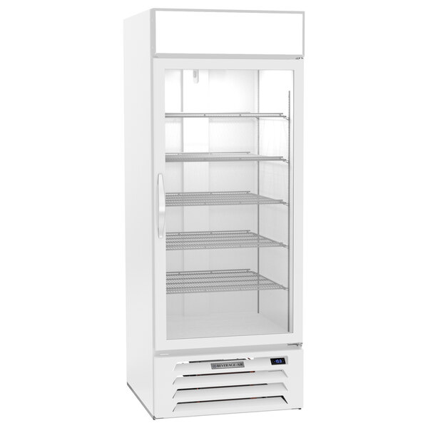 A white Beverage-Air wine refrigerator with glass doors and shelves.