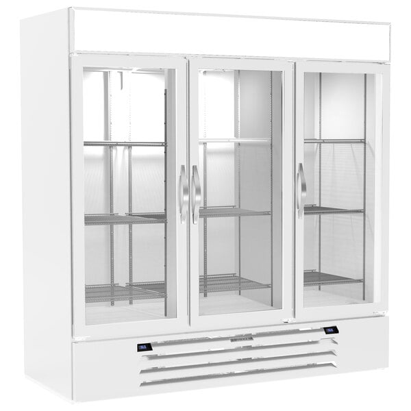 A Beverage-Air white glass door wine refrigerator with three shelves.