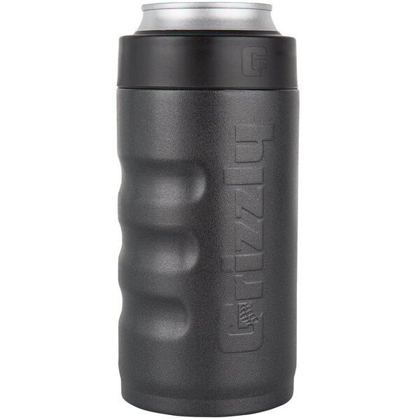 A Grizzly stainless steel can cooler with a black textured grip.