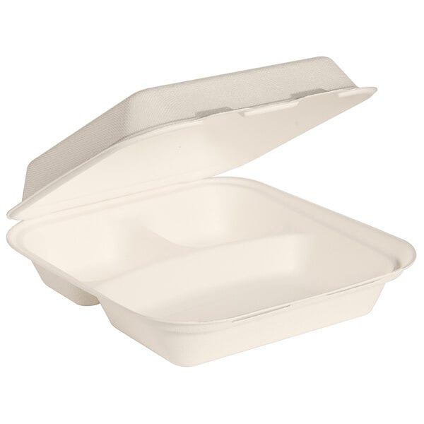 A white Bare by Solo sugarcane takeout container with 3 compartments.