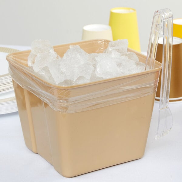 A plastic container with ice in it.
