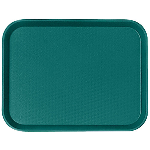 A teal Cambro fast food tray on a table.