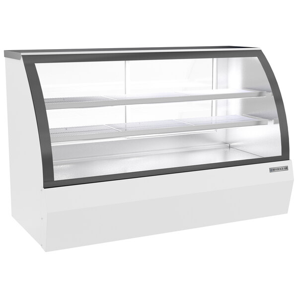 A white Beverage-Air curved glass dry bakery display case with glass shelves.