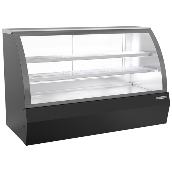 A black Beverage-Air dry bakery display case with curved glass doors.