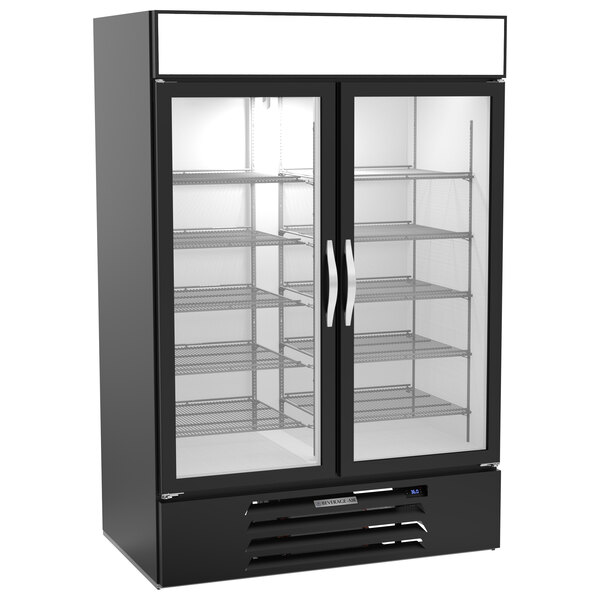 A black Beverage-Air wine refrigerator with glass doors.