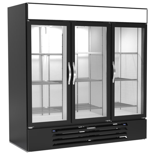 A Beverage-Air black glass door wine refrigerator with white interior and three shelves.