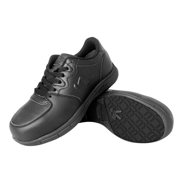 A pair of men's black Genuine Grip composite toe athletic shoes with laces.