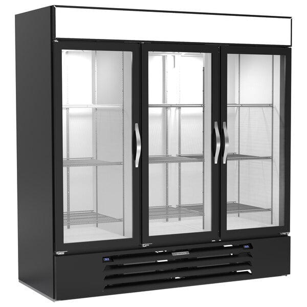 A Beverage-Air black refrigerator with black and white glass doors.