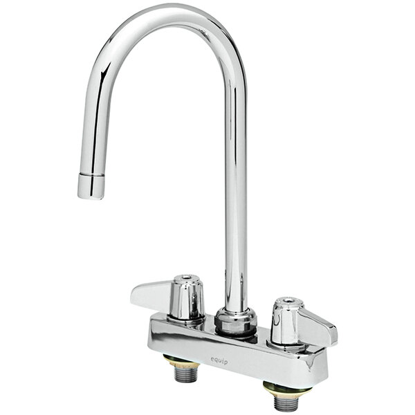 A chrome Equip by T&S deck-mounted faucet with 2 lever handles.