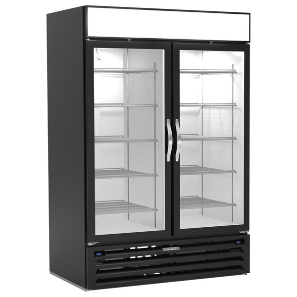 A black Beverage-Air dual temperature wine refrigerator with glass doors and a white interior.