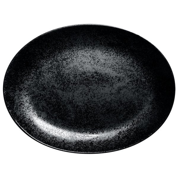 A black oval porcelain platter with a shiny surface.