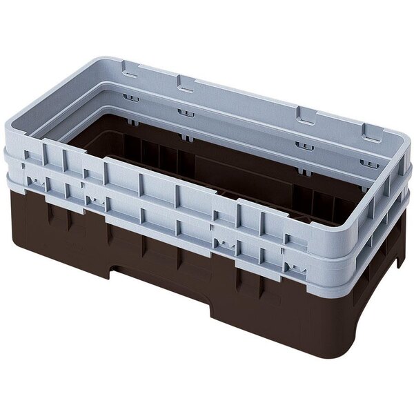 A brown plastic Cambro dish rack with two grey and white extenders.