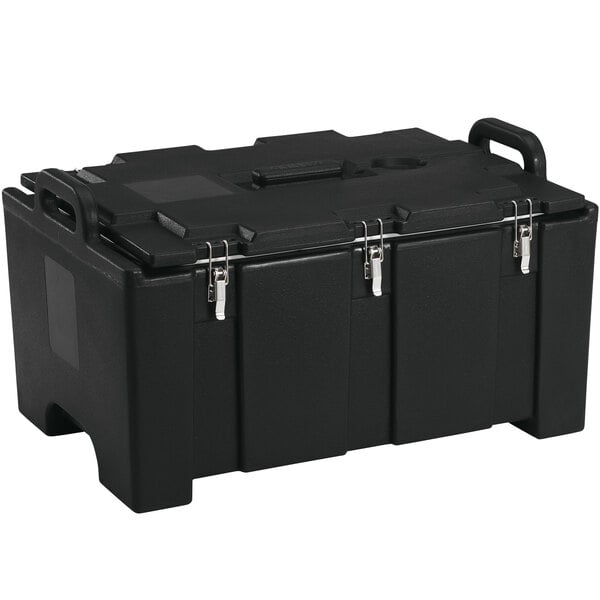 A black rectangular plastic box with handles.